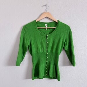 FUTURE PARADISE 100% Cashmere Kelly Green Button Front Cinched Waist Sweater S/M